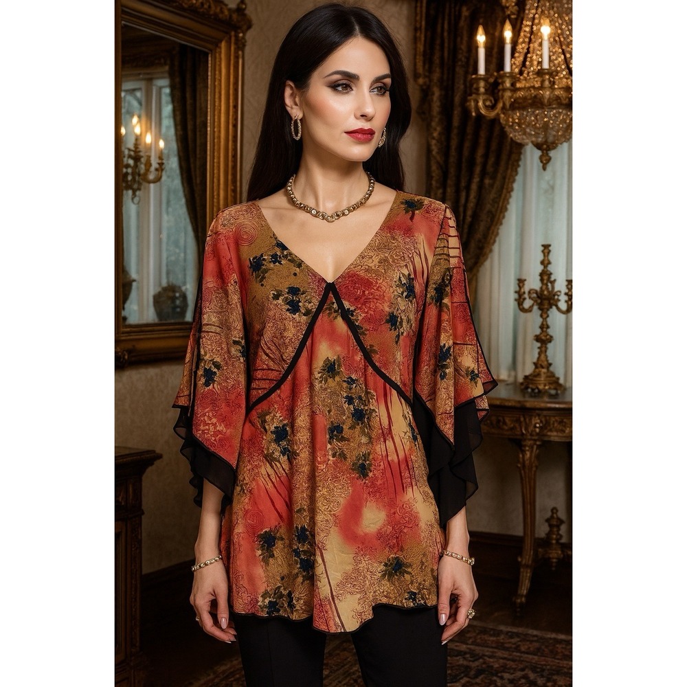 M.K.M. blouse top‎ chiffon floral kimono sleeve  resort evening SZ 1X